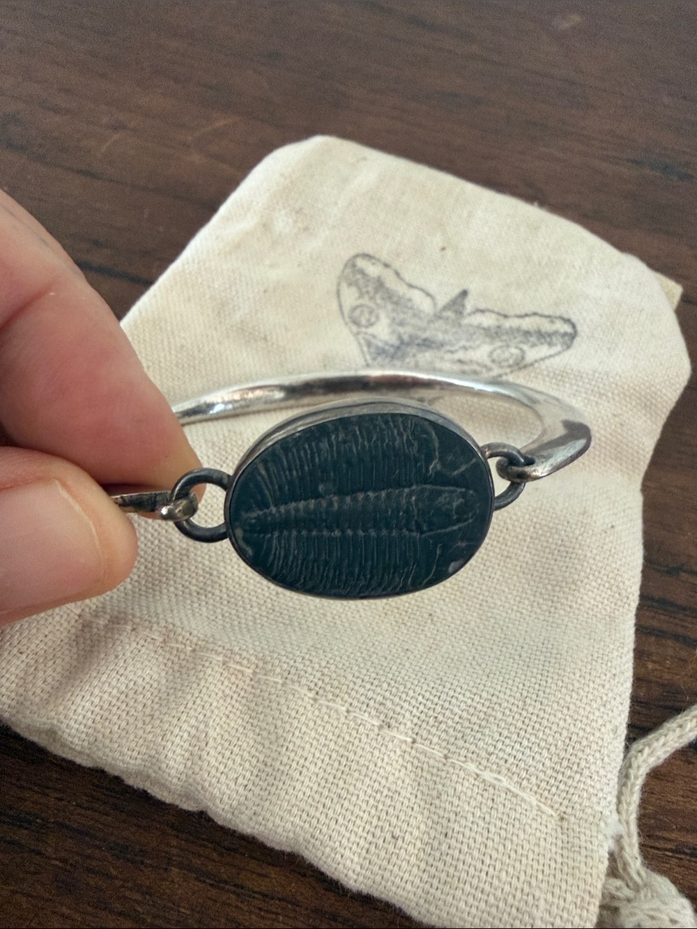Fossil Oval Dark Green Stone Silver Cuff Bracelet